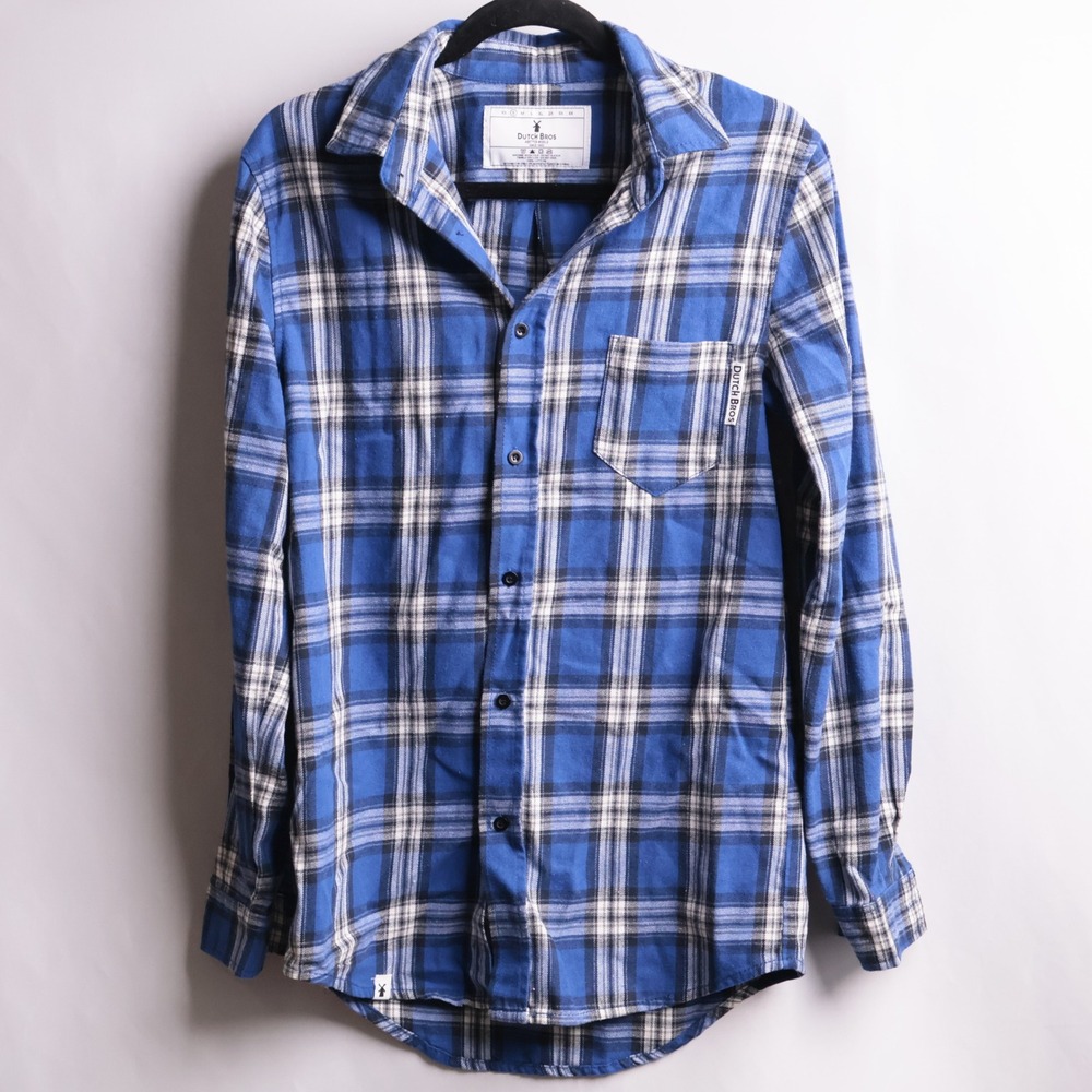 Dutch Bros Coffee Mens Small Blue Plaid Flannel Button Up Shirt Oregon‎